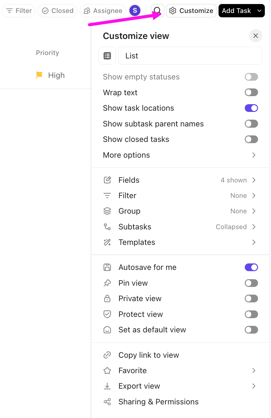 Screenshot des Anpassen-Menüs in einer Persönlichen Liste.