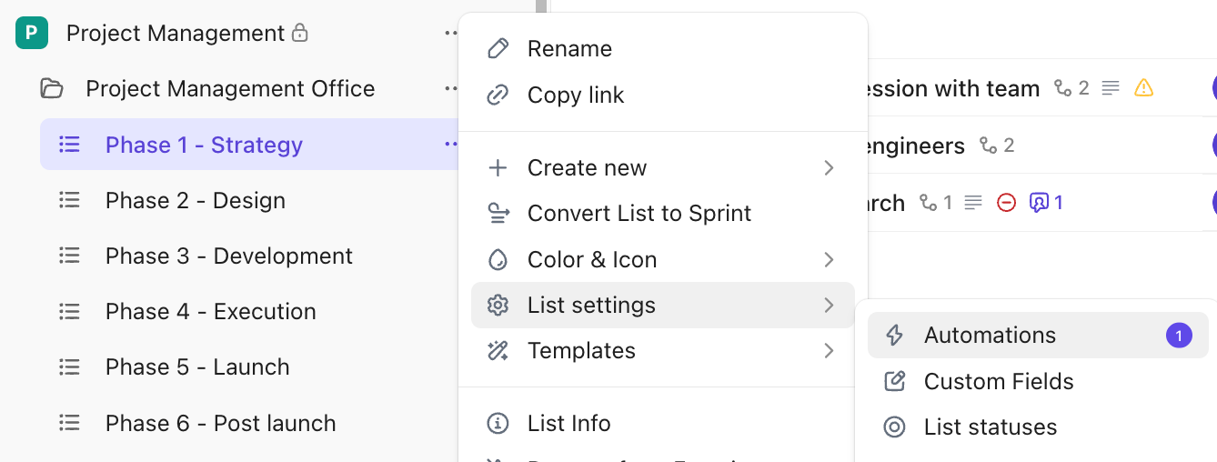 Captura de tela do menu de configurações da lista com destaque para a opção Automações.