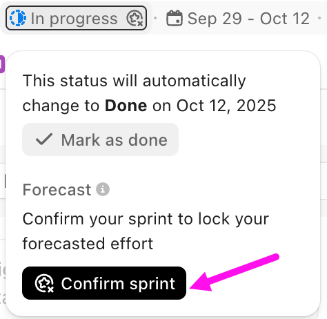 Screenshot der Option zum Bestätigen eines Sprints über den Standort-Header des Sprints.