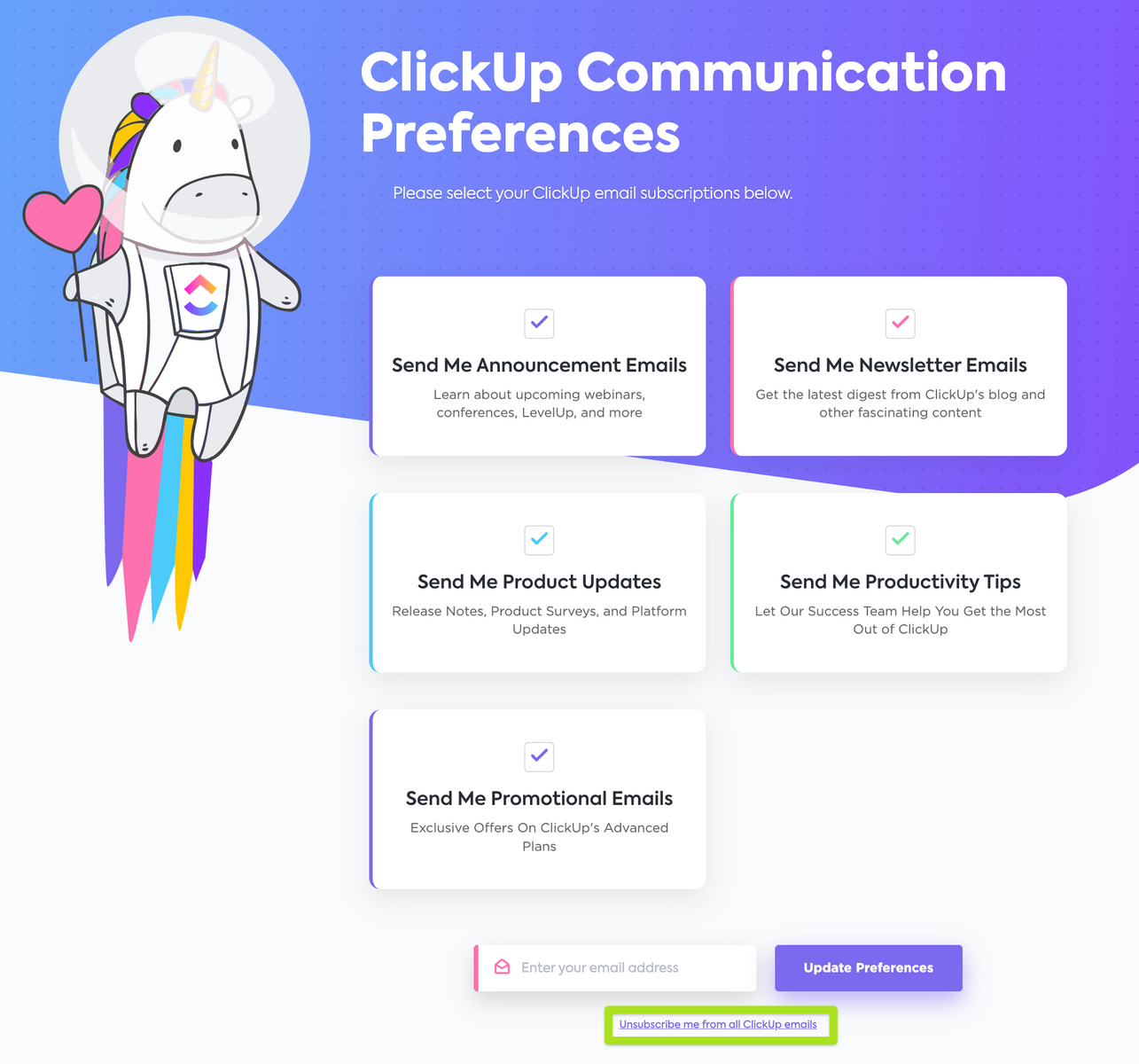 Captura de pantalla de la página de preferencias de comunicación de ClickUp.