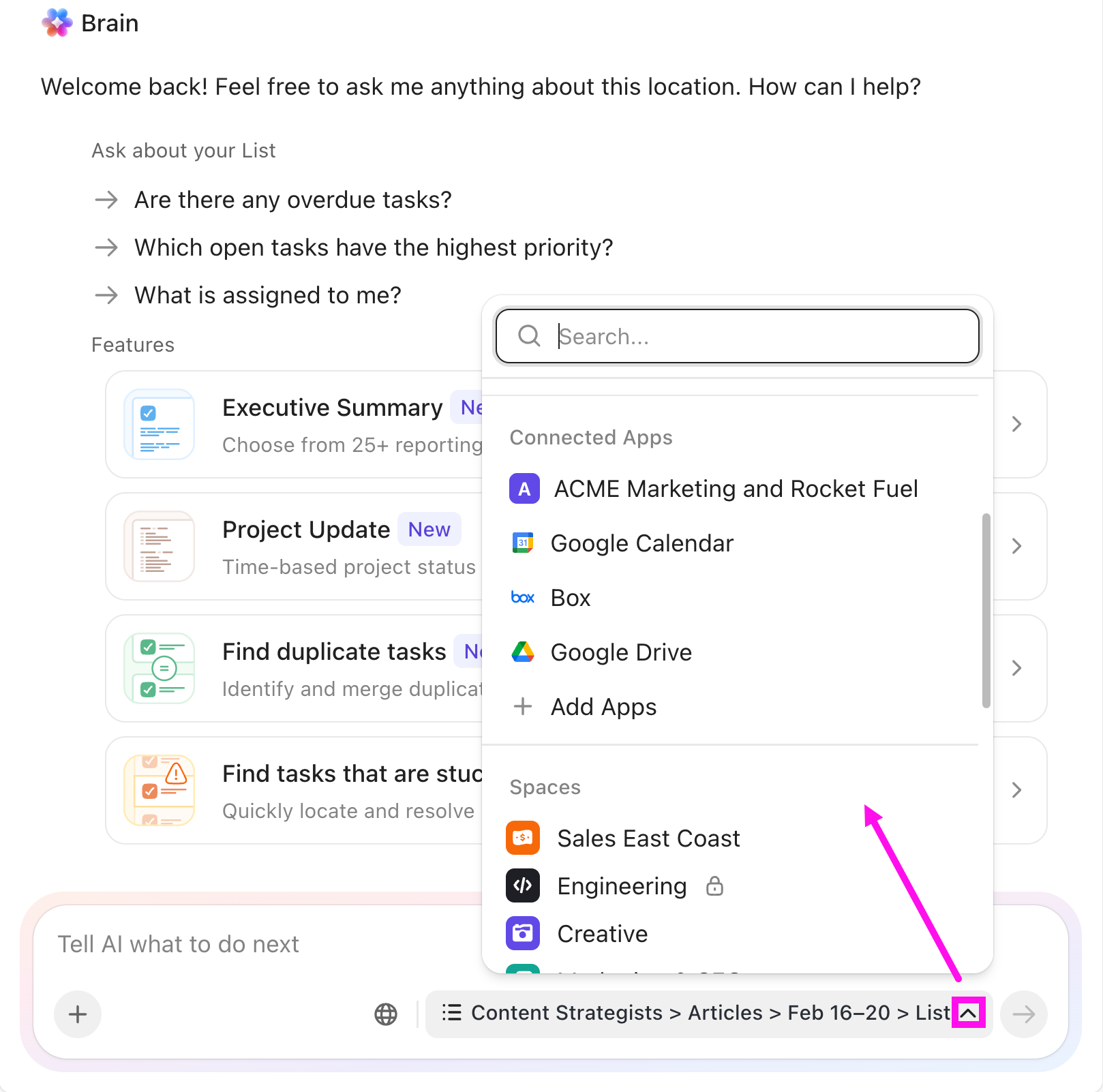 Screenshot des Brain-Modals. Die Standortauswahl wurde geöffnet. Das Standort-Modal bietet eine Auswahl an Apps und Workspace-Standorten zur Auswahl an.