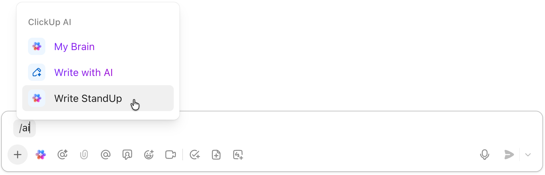 Screenshot des ClickUp-KI-Slash-Befehl-Modals mit ausgewähltem „StandUp verfassen