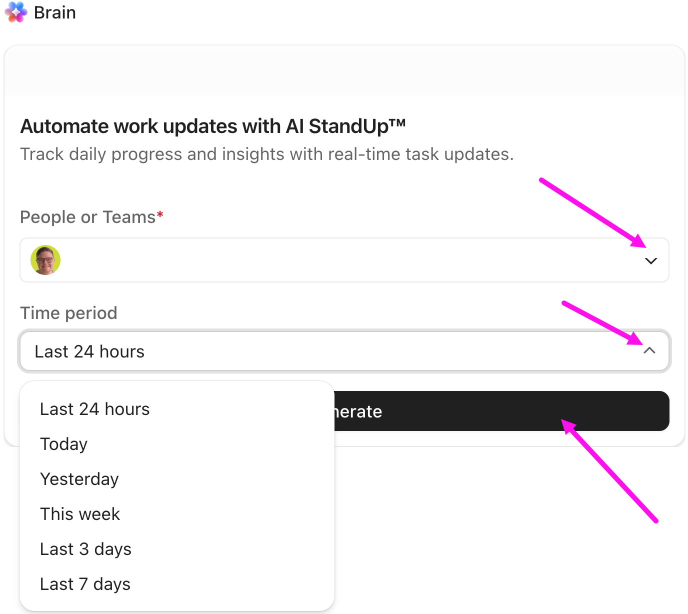 Screenshot des StandUp-Modals mit Optionen zur Auswahl einer neuen Person, eines Teams oder eines Zeitraums.