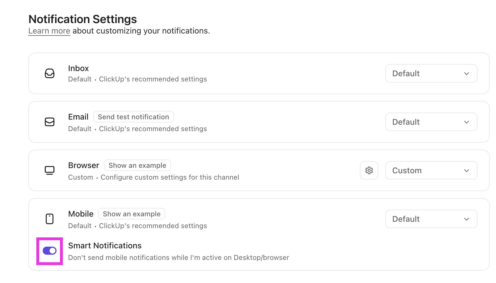 Captura de tela do botão de alternância de Notificações inteligentes.