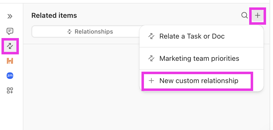 Captura de tela do botão Nova relação personalizada.