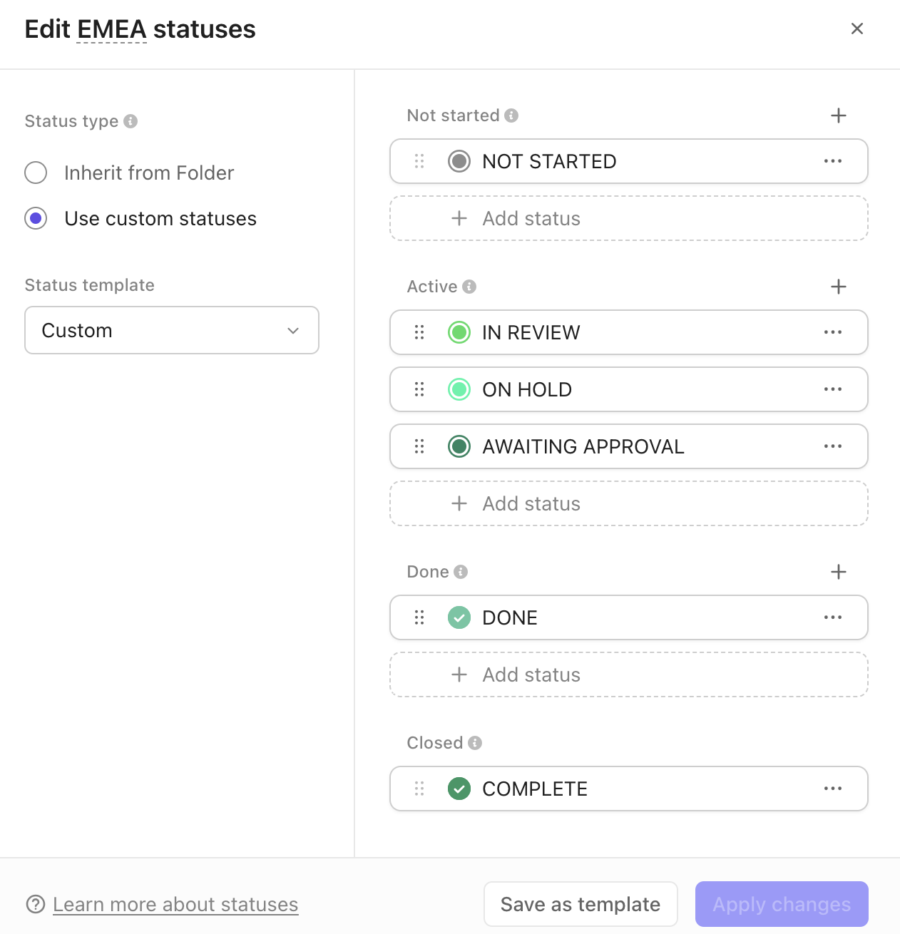Captura de pantalla de estados personalizados de metas y OKR