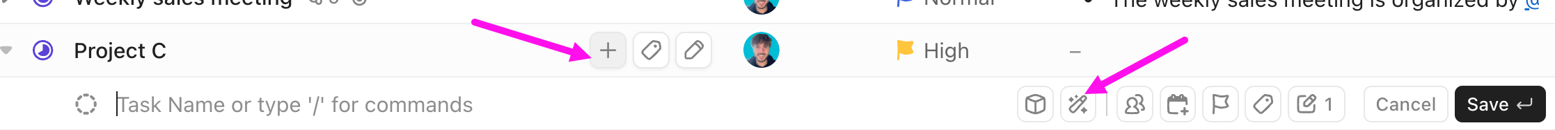 Captura de pantalla que muestra el icono más para crear una subtarea y el icono de varita para abrir el menú de plantillas.