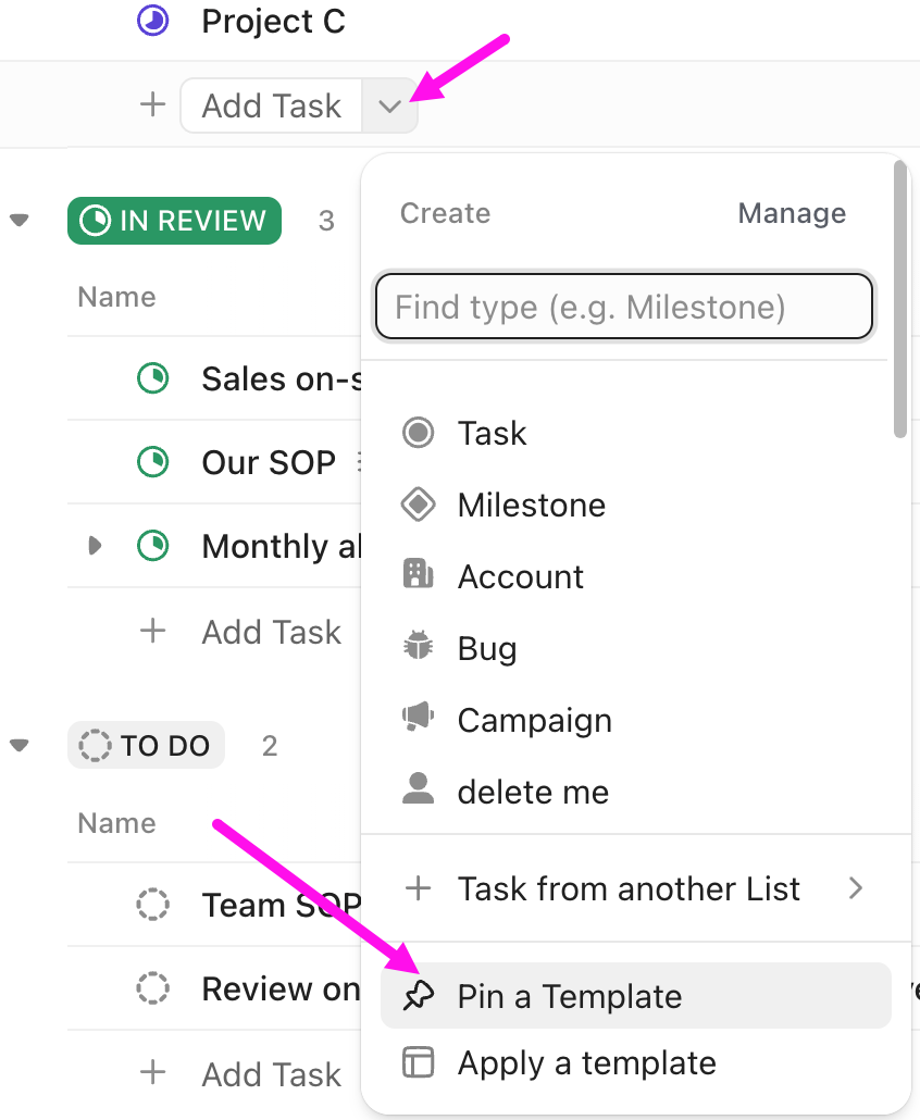Captura de tela da opção Fixar modelo aberta a partir do menu Adicionar tarefa no final de uma visualização de Lista.
