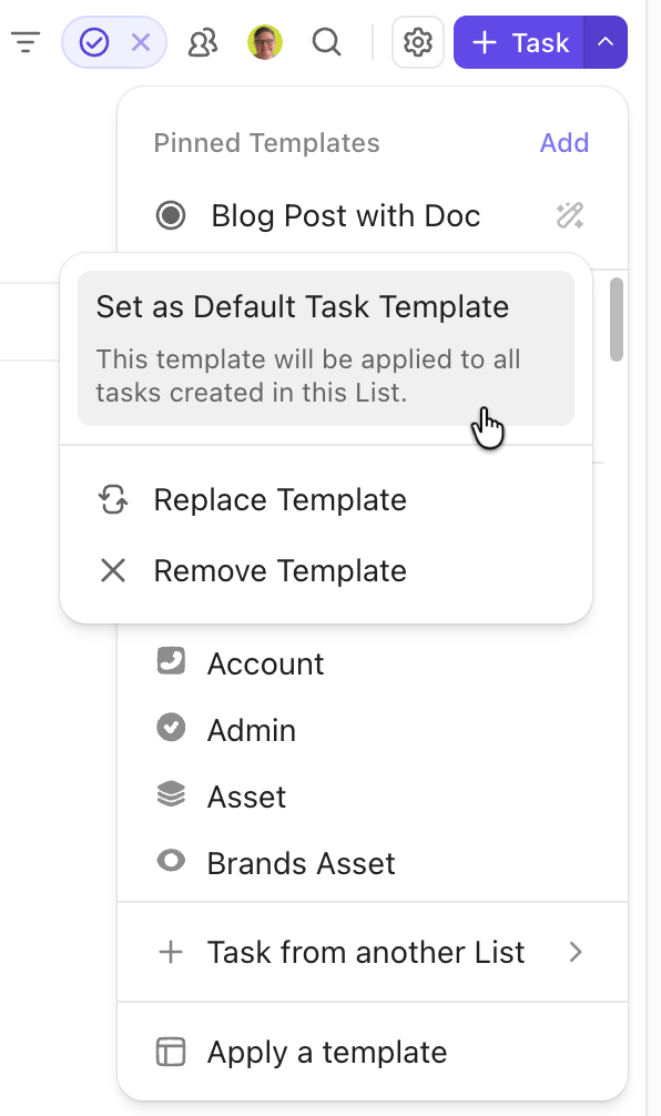 Captura de tela do menu para definir um modelo como o modelo padrão.