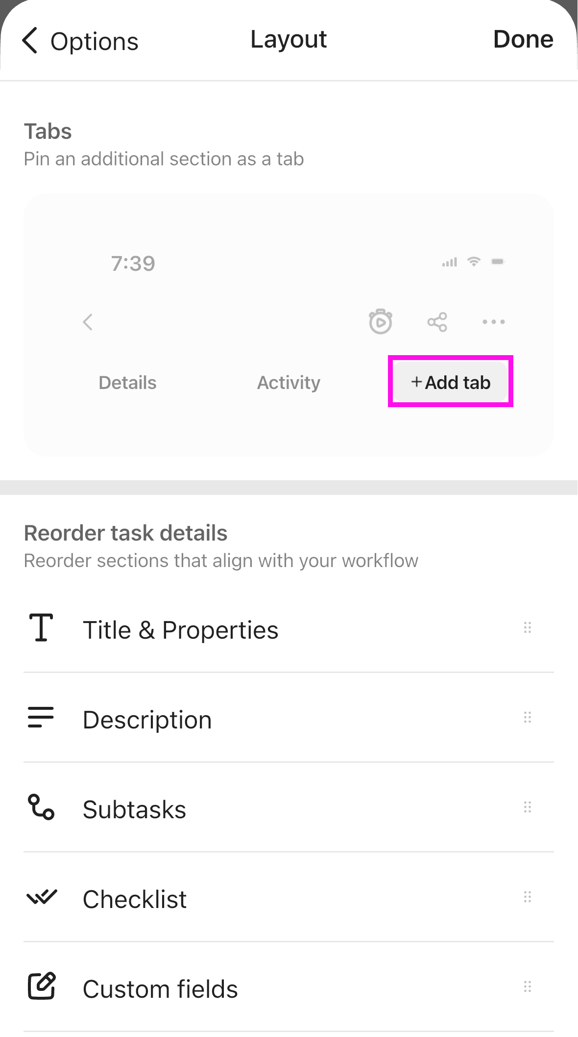 Captura de tela do botão Adicionar aba.