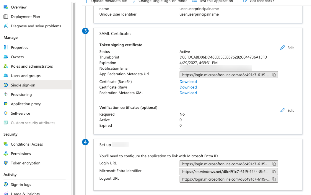 Capture d'écran de l'URL de connexion et du certificat public IDP dans Microsoft Entra ID