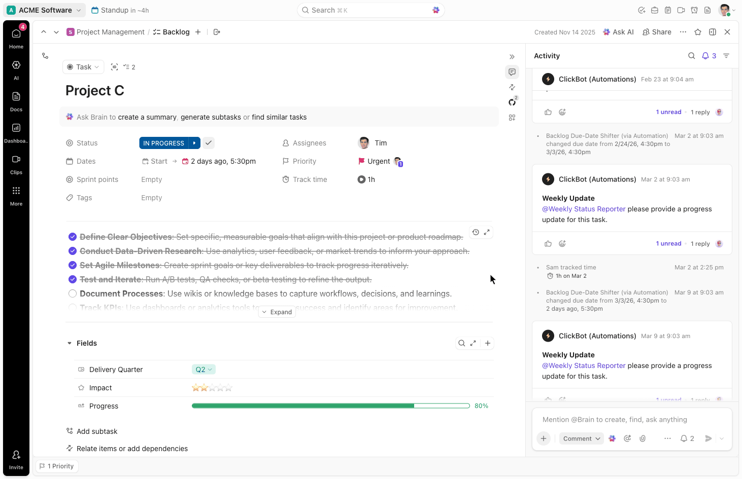 Animação editando um registro de tempo a partir de uma tarefa.
