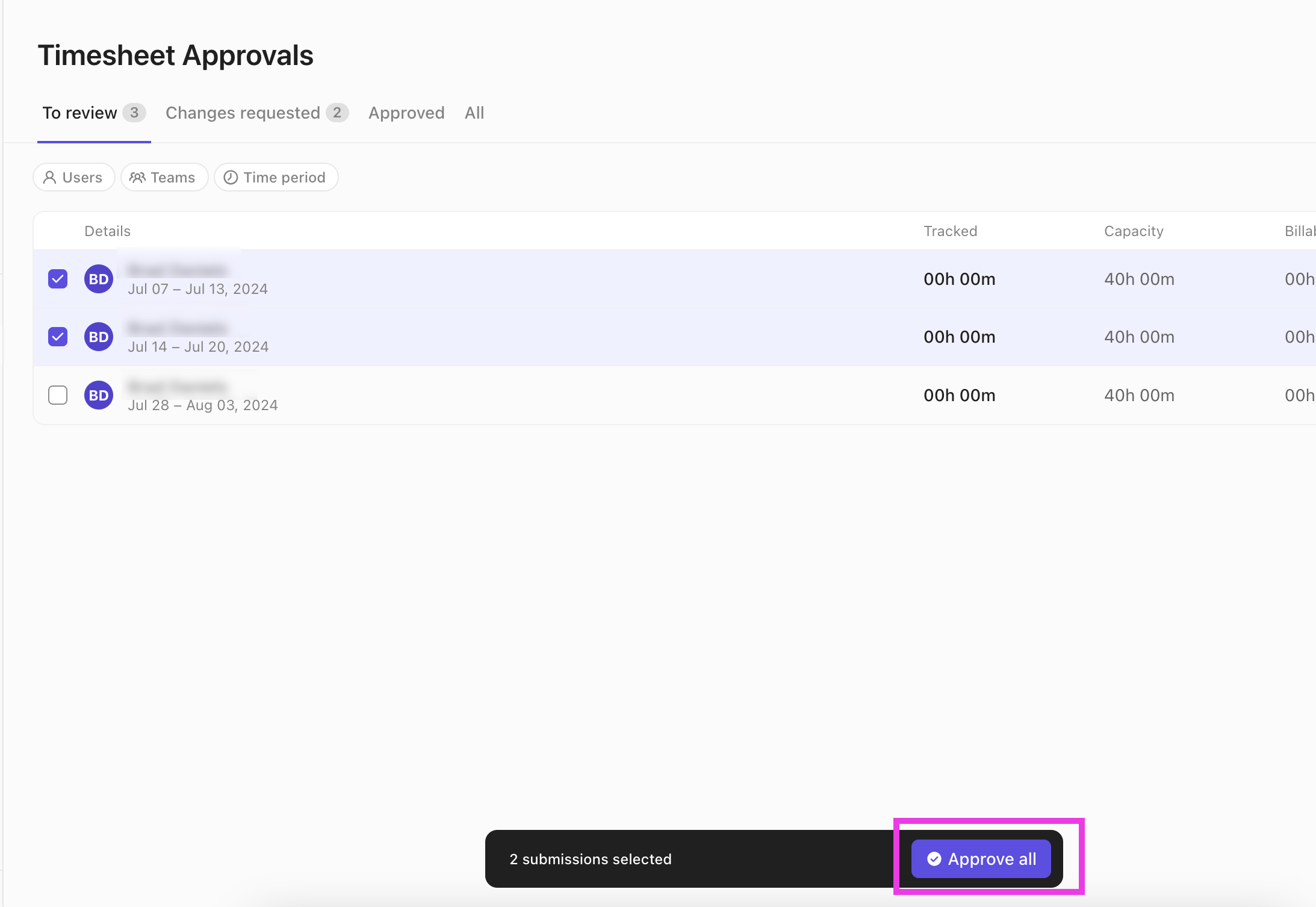 Screenshot, der die Schaltfläche „Alle genehmigen