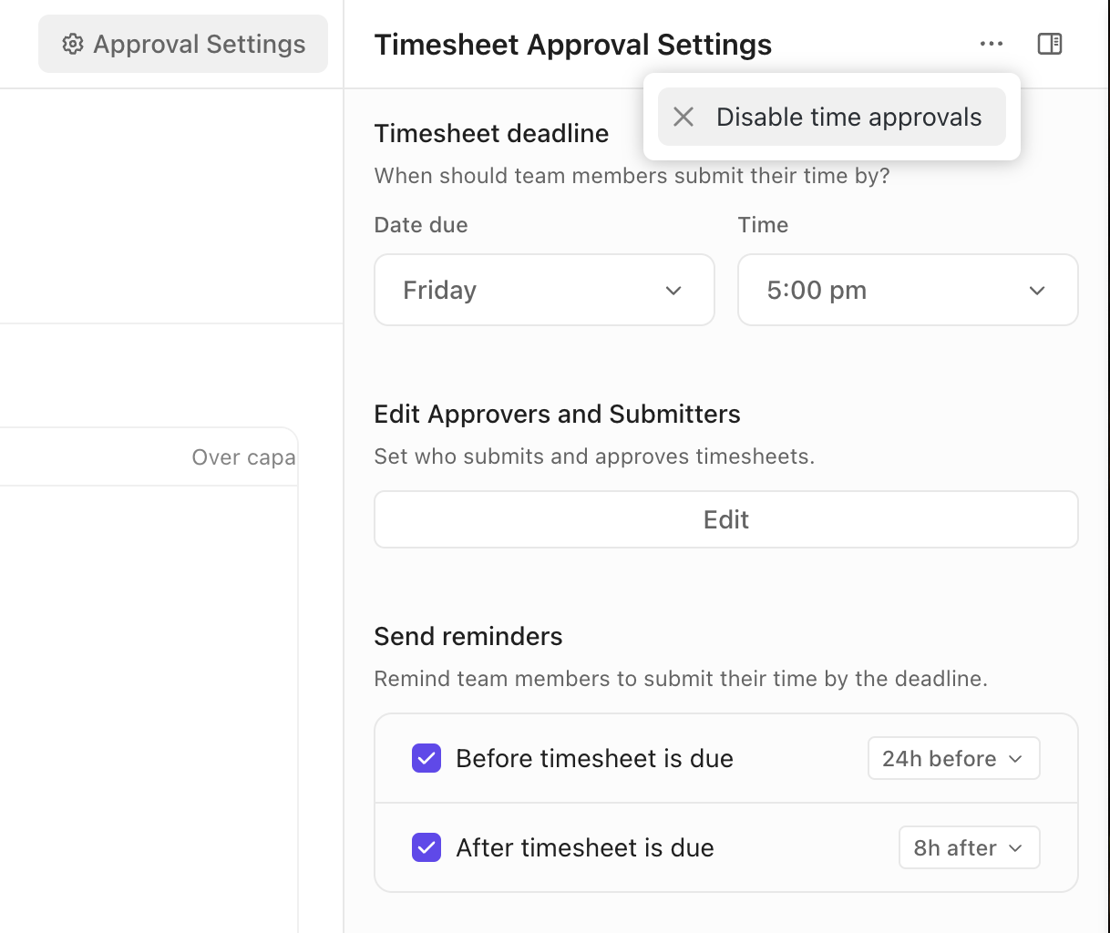 Capture d'écran de l'option pour désactiver les approbations de temps.