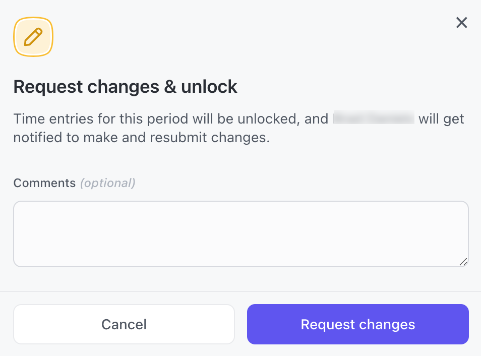 Captura de pantalla del modal para solicitar cambios.