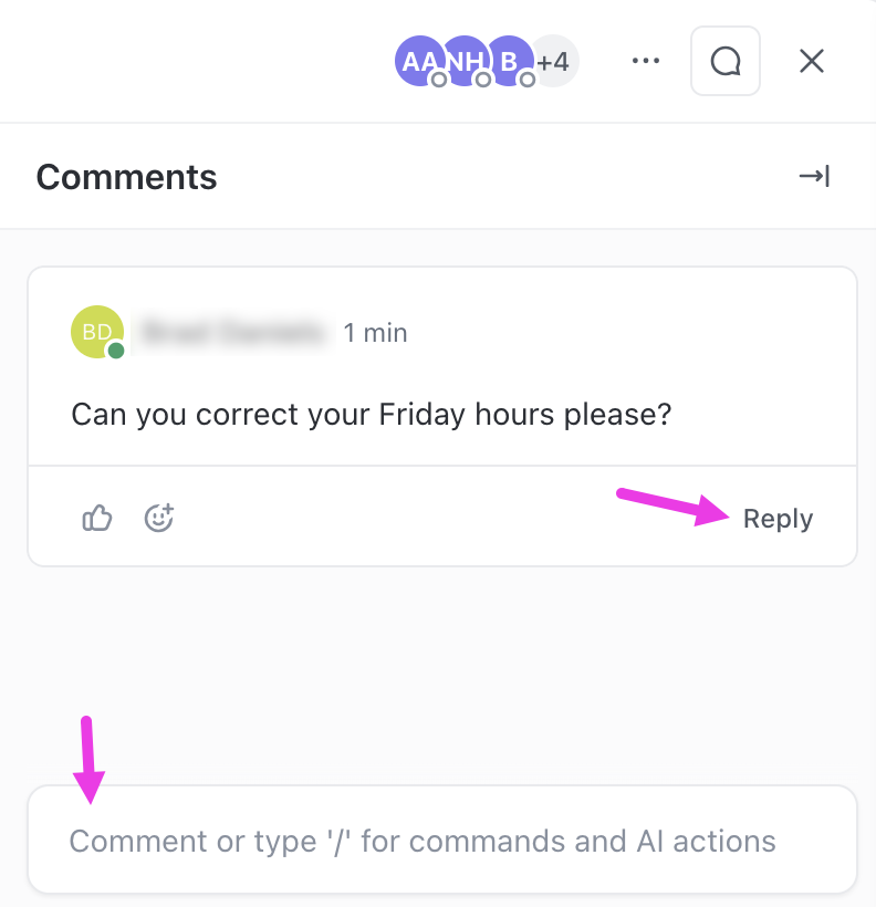 Captura de pantalla de las opciones de respuesta y comentario en una hoja de tiempo enviada.