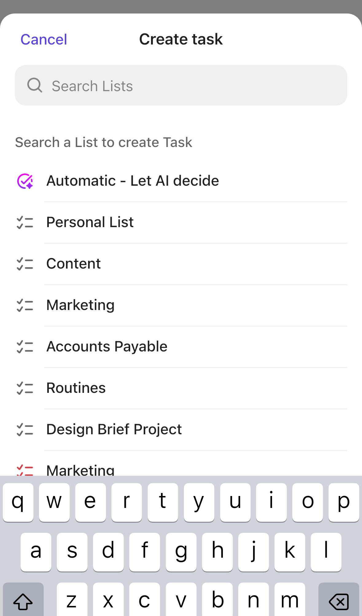 Captura de pantalla de las opciones para crear una tarea.
