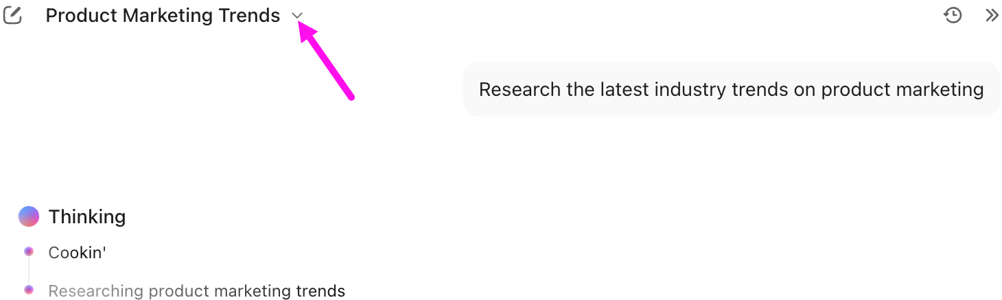 Screenshot des Chat-Tabs in einem aktiven Chat mit Brain, der Chat heißt 'Product Marketing Trends'.png