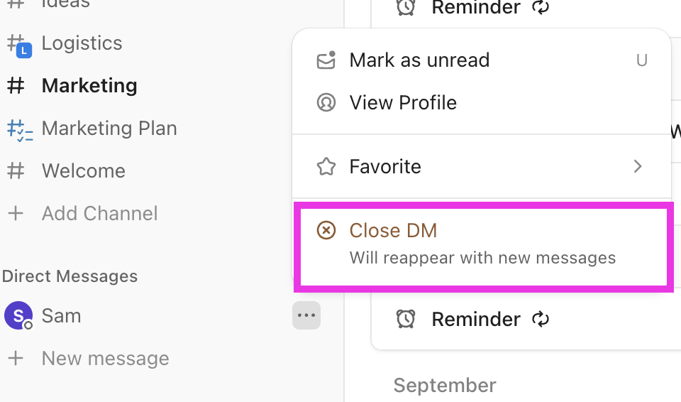 Capture d'écran mettant en évidence le bouton Fermer le message direct.