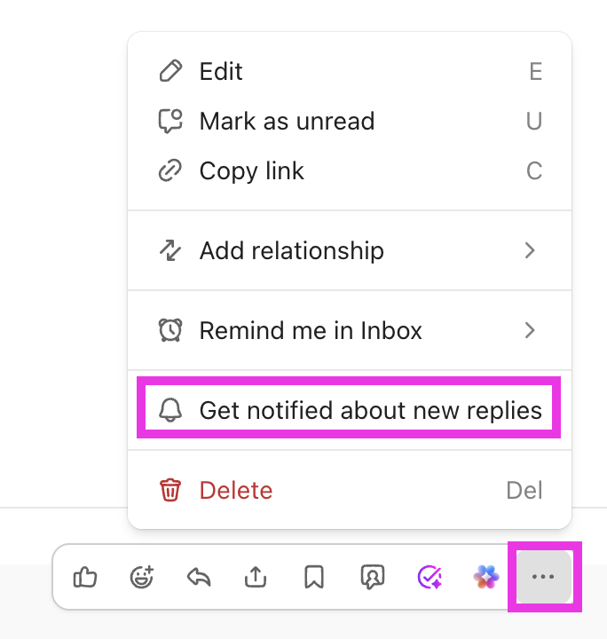 Captura de pantalla de los botones de puntos suspensivos y de recibir notificaciones.