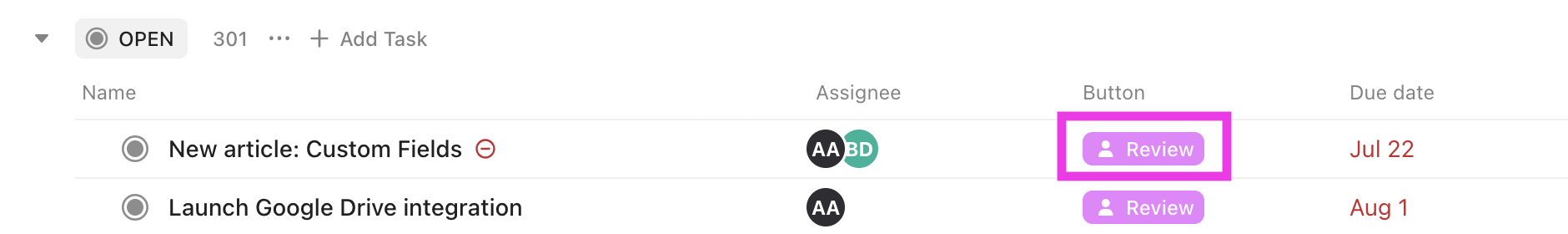 Capture d'écran mettant en évidence un champ personnalisé de type Bouton dans la vue Liste.