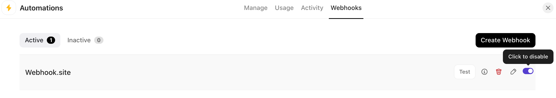 Capture d'écran d'une Automatisation de Webhook de Discussion