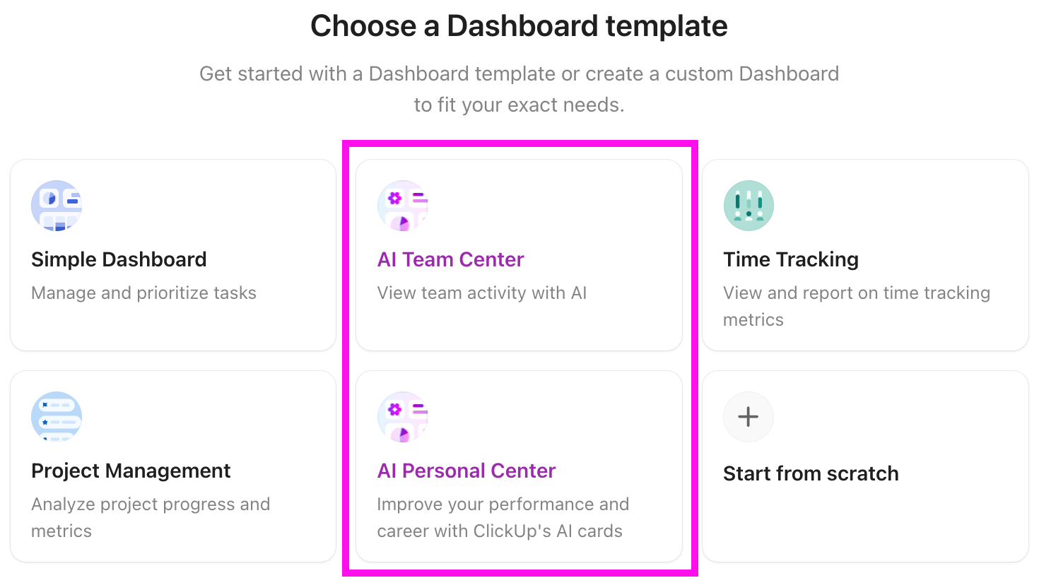 Capture d'écran de l'option permettant d'utiliser un modèle de Tableau de bord IA.