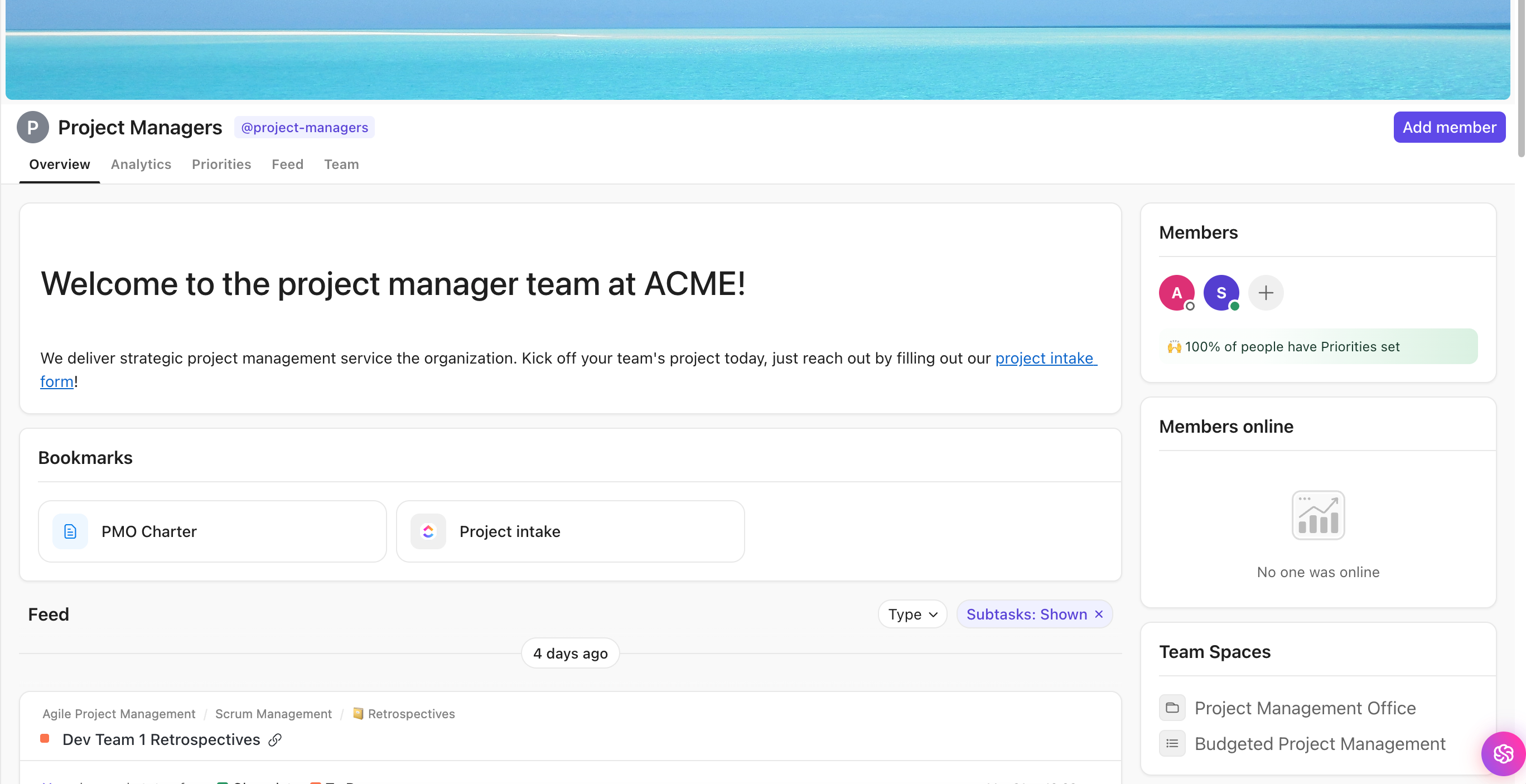 Screenshot della pagina di panoramica del team in Teams Hub.