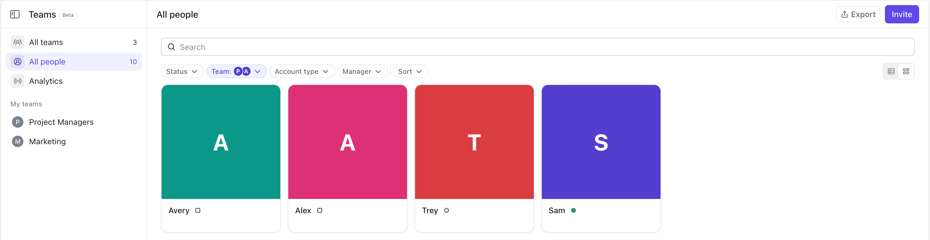 Screenshot della panoramica Persone in Teams Hub.