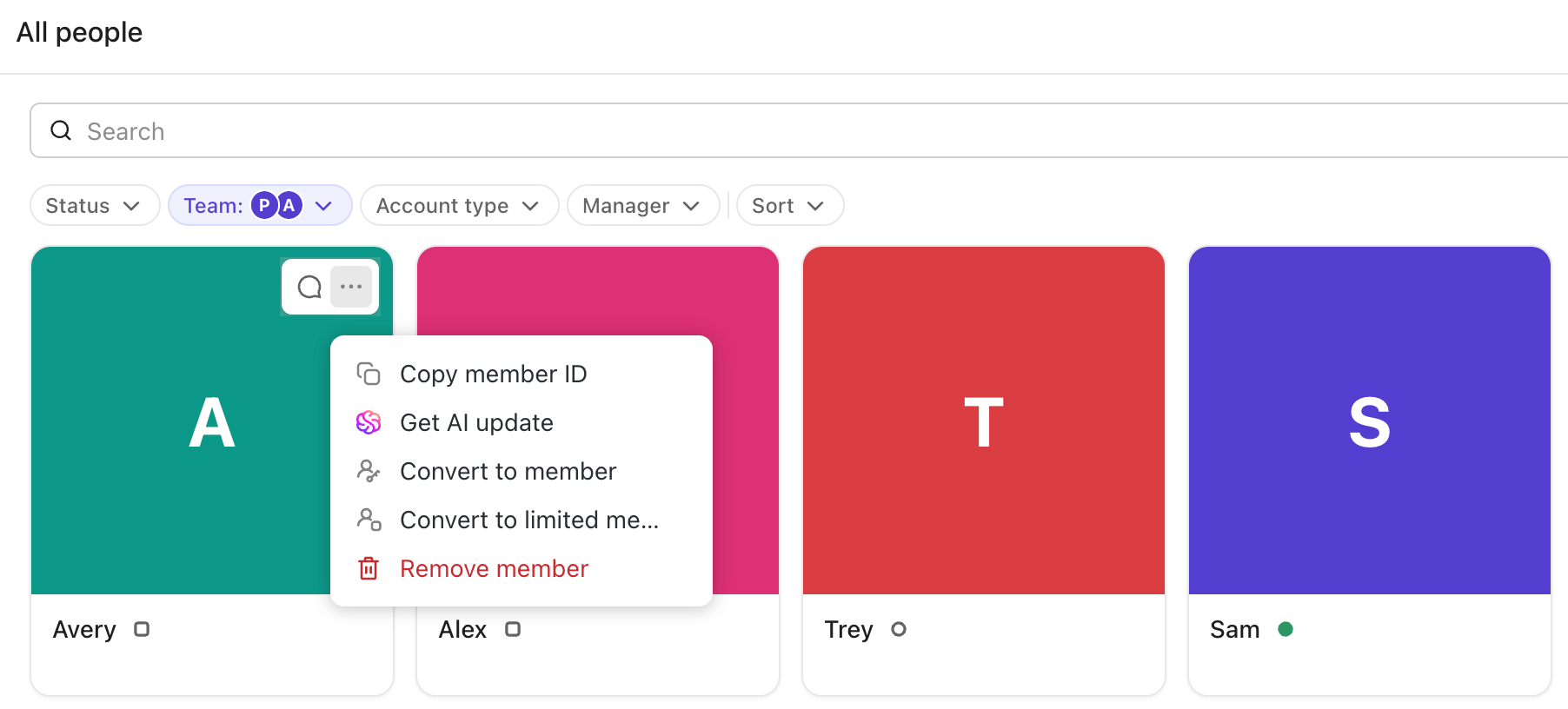 Screenshot del menu di modifica utente dalla panoramica persone in Teams Hub.