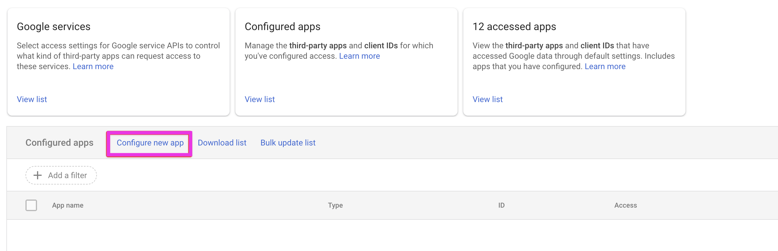 Capture d'écran mettant en évidence le bouton Configurer une nouvelle application.