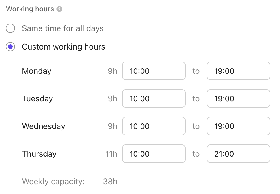 Captura de pantalla de la configuración de horas laborables personalizadas