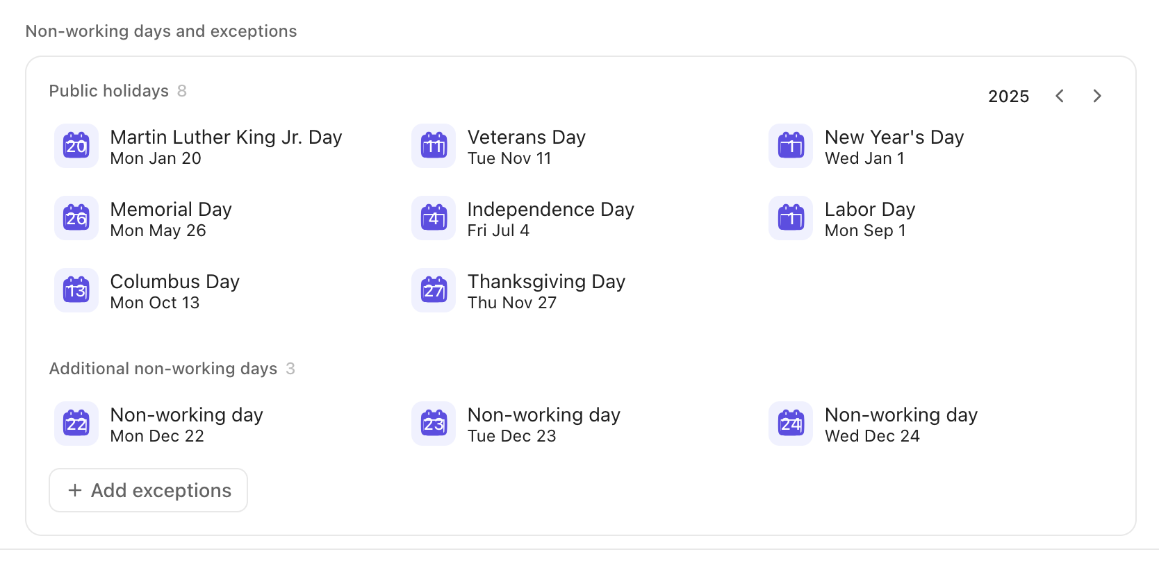 Captura de pantalla de varios días no laborables