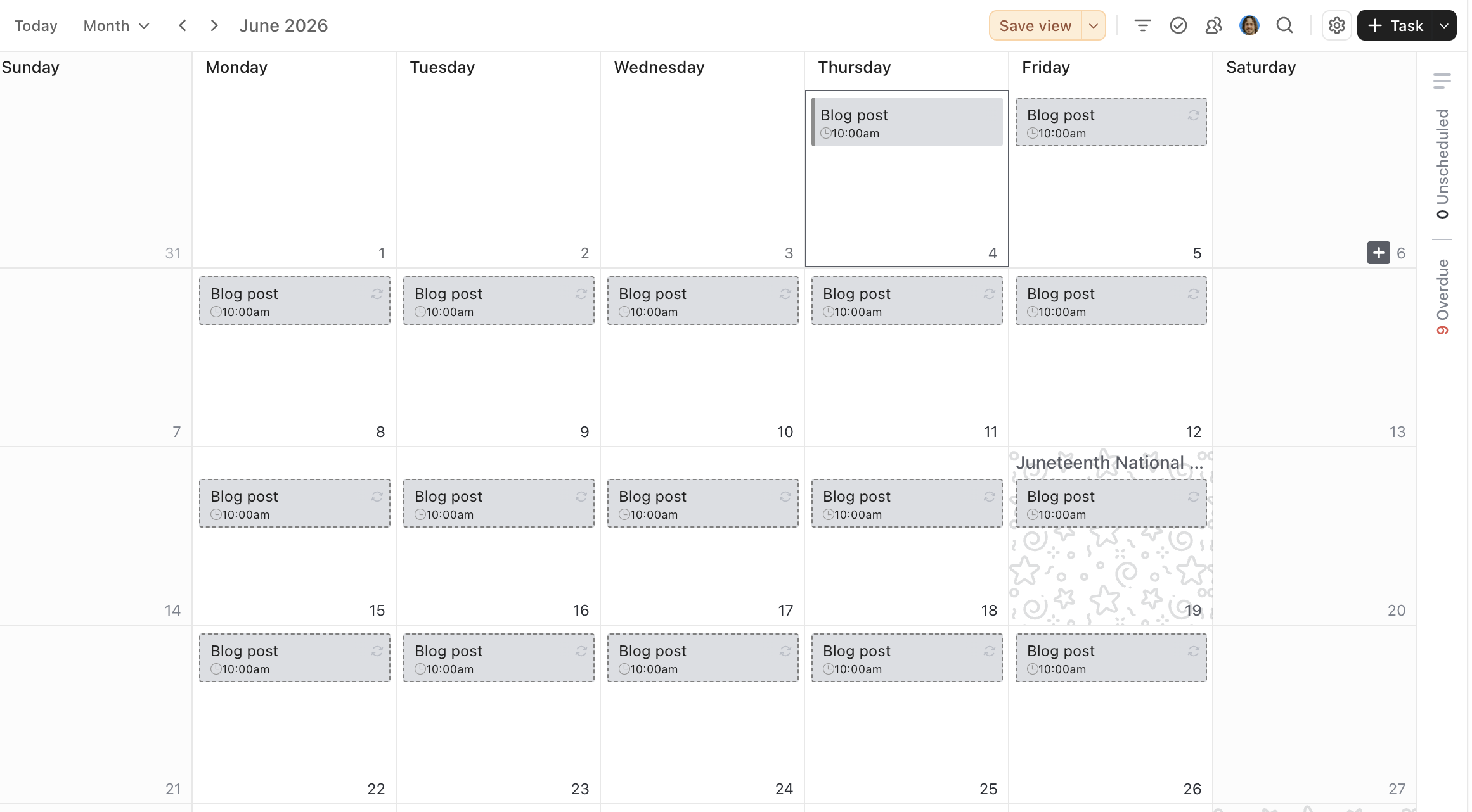 Captura de tela de uma tarefa recorrente na visualização de Calendário