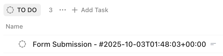 Captura de pantalla de una tarea de envío de formulario con un nombre genérico.
