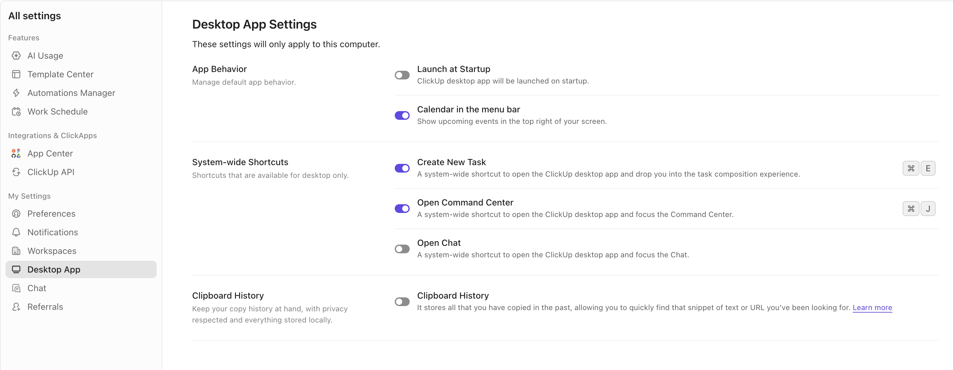 Screenshot der Seite mit den Desktop-App-Einstellungen.