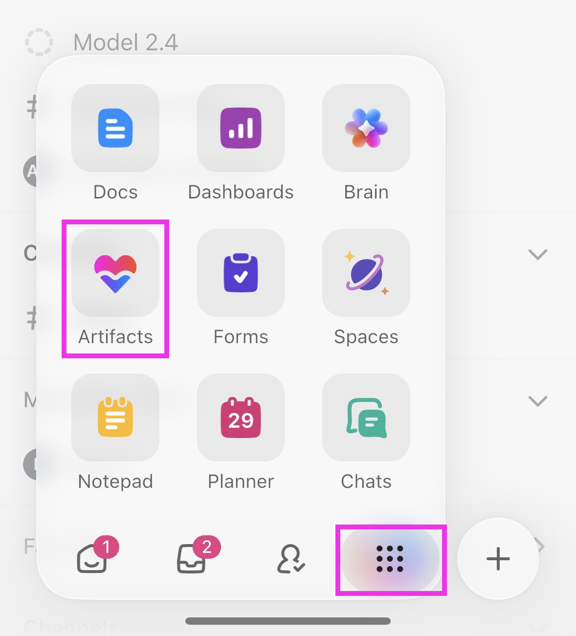 Screenshot of the grid icon and Artifacts button
