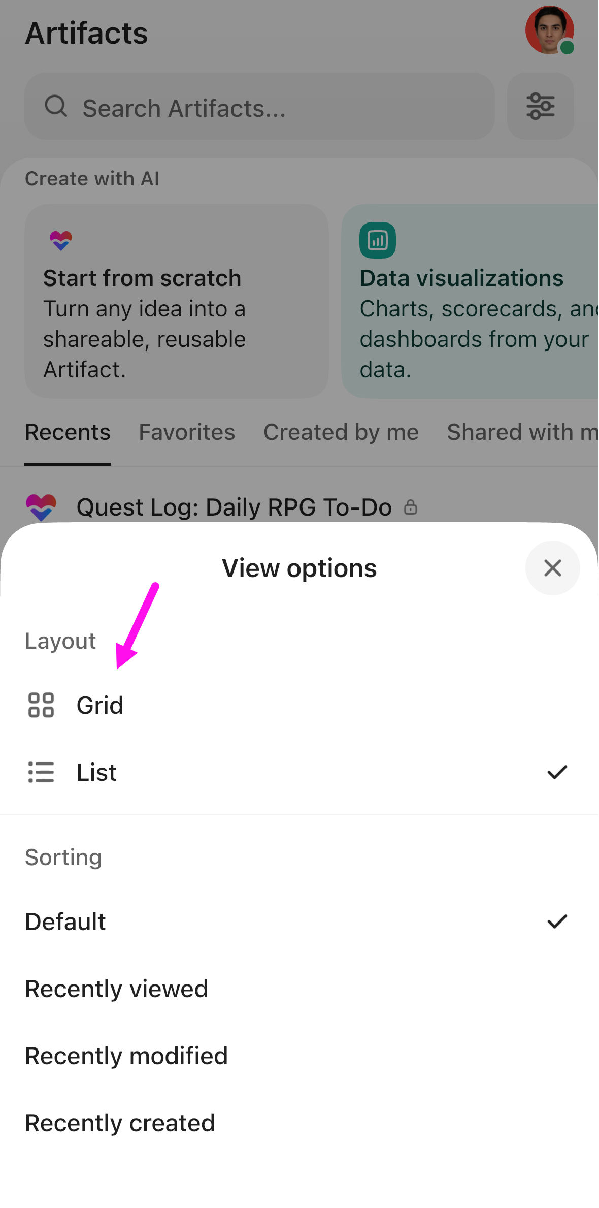 Screenshot of the layout options