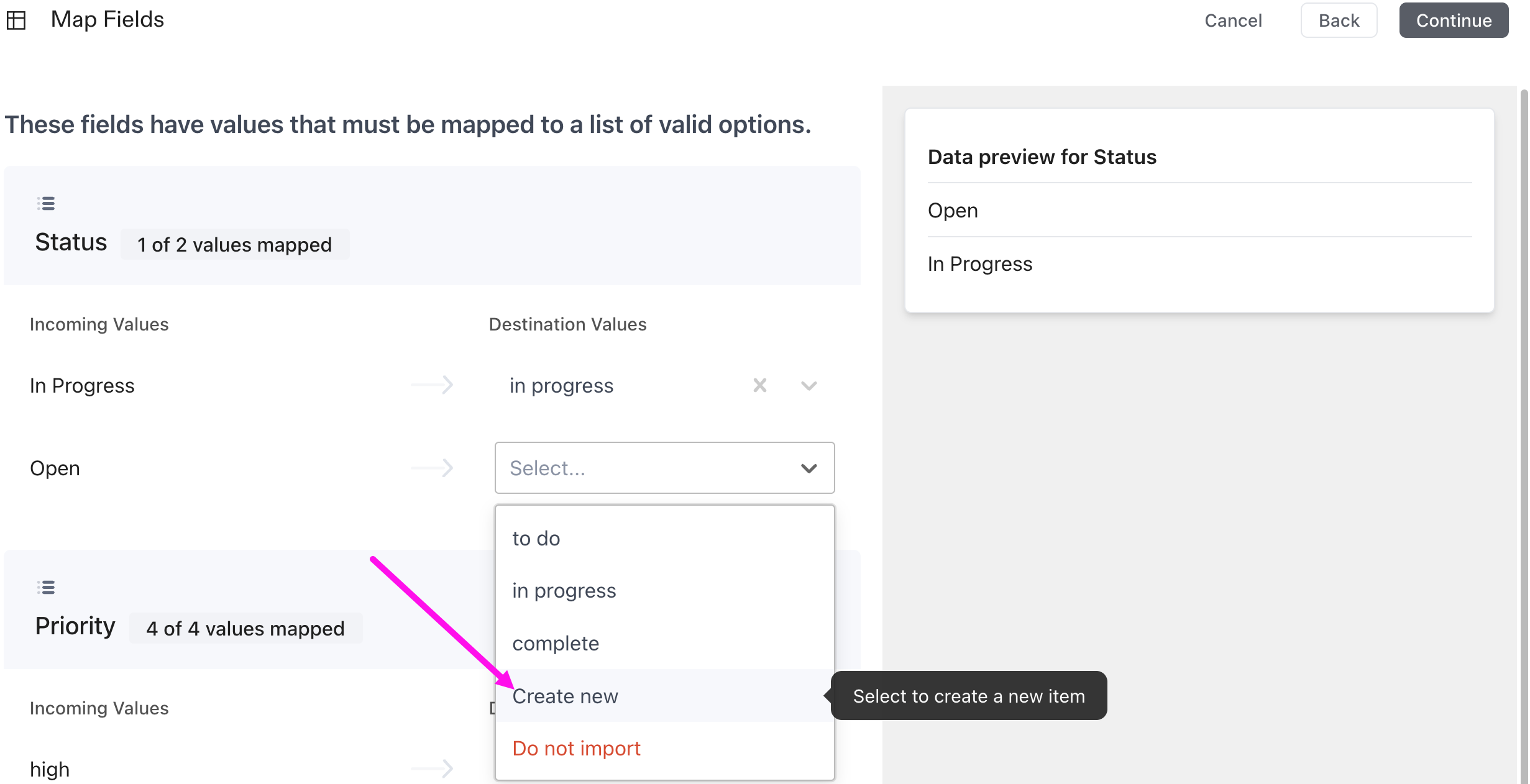 Screenshot eines ungültigen Status mit der Option, einen neuen Status zu erstellen.