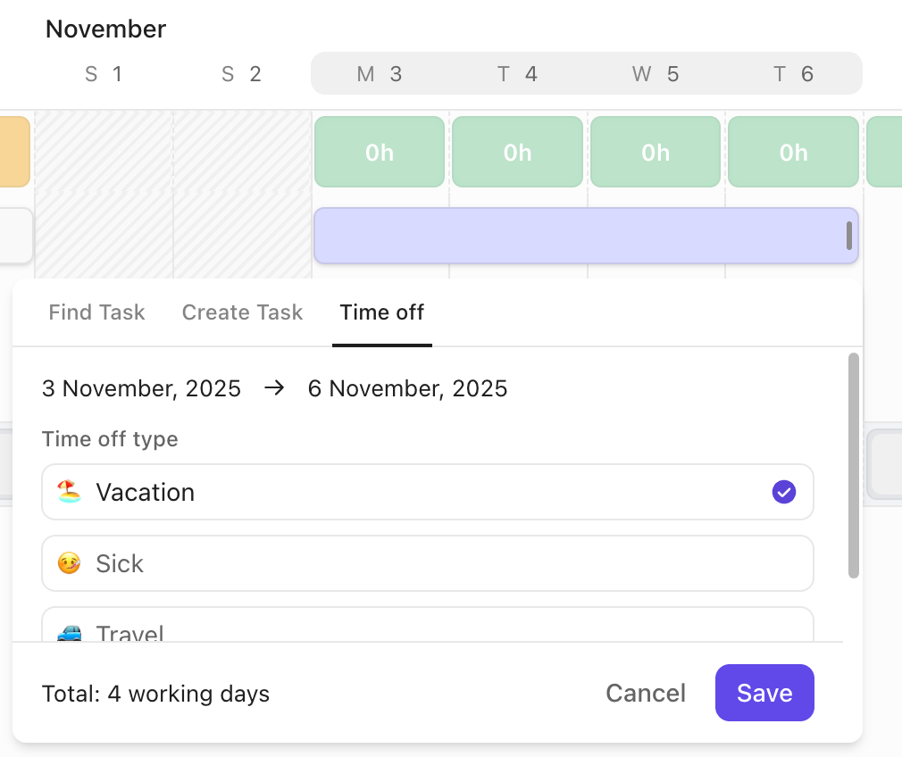 Screenshot of the time off tab