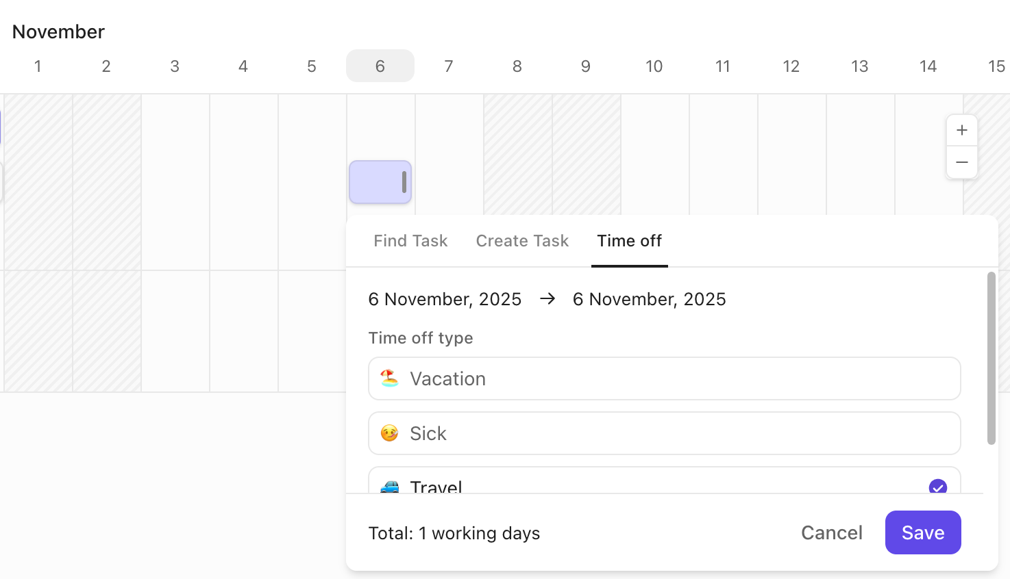 Screenshot of new time off