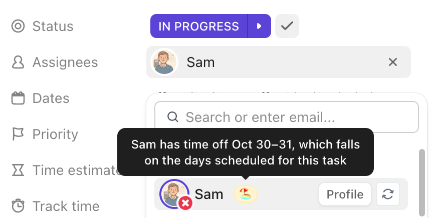 Screenshot of info about a user's time off