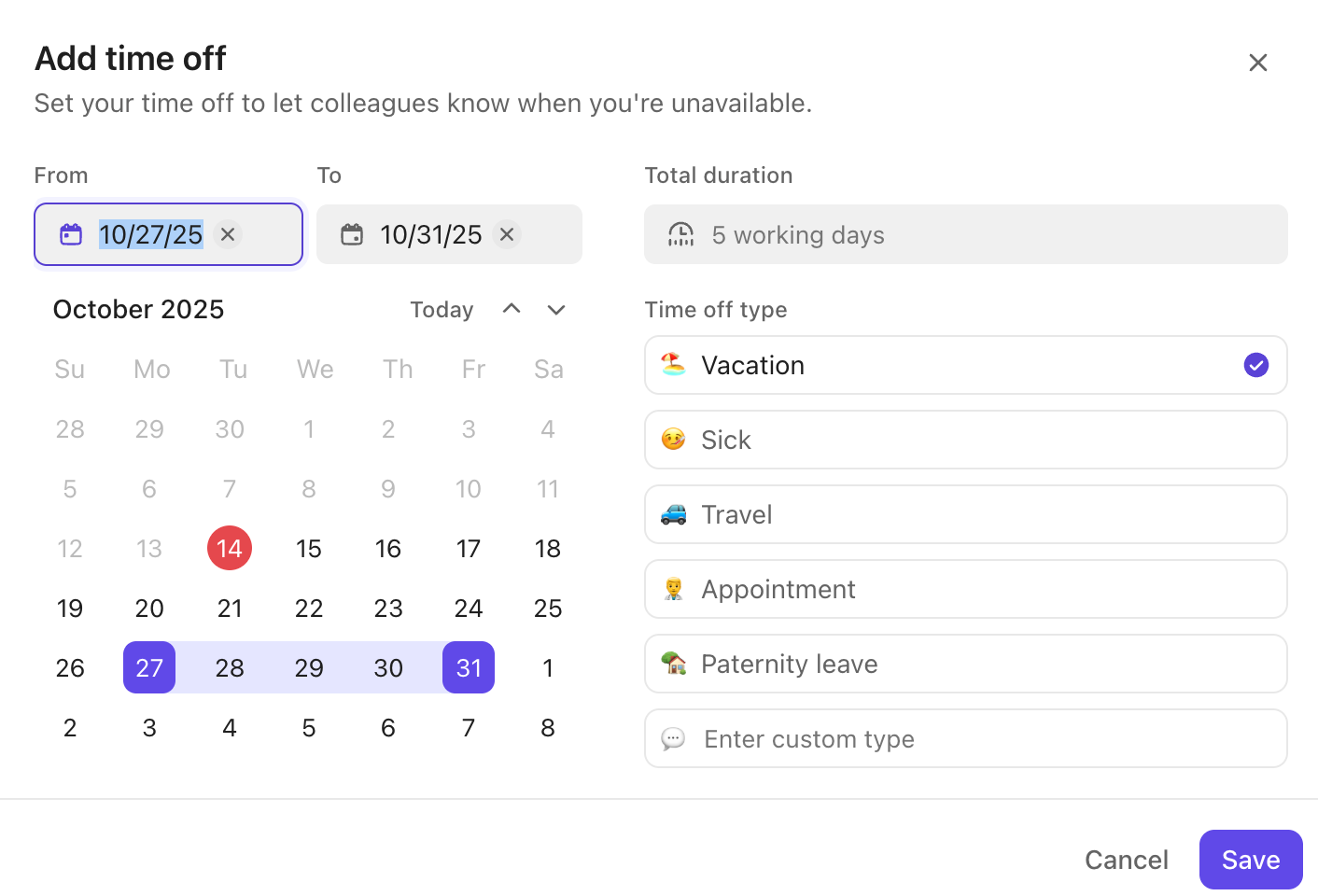 Screenshot of the add time off menu
