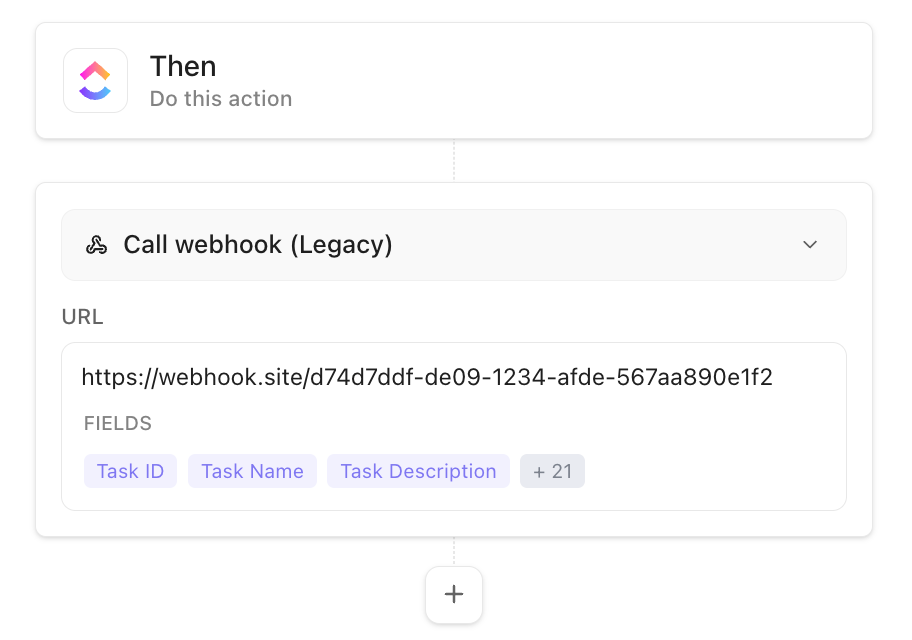 Captura de pantalla de la acción Llamar al webhook, que resalta la opción de seleccionar un webhook específico.
