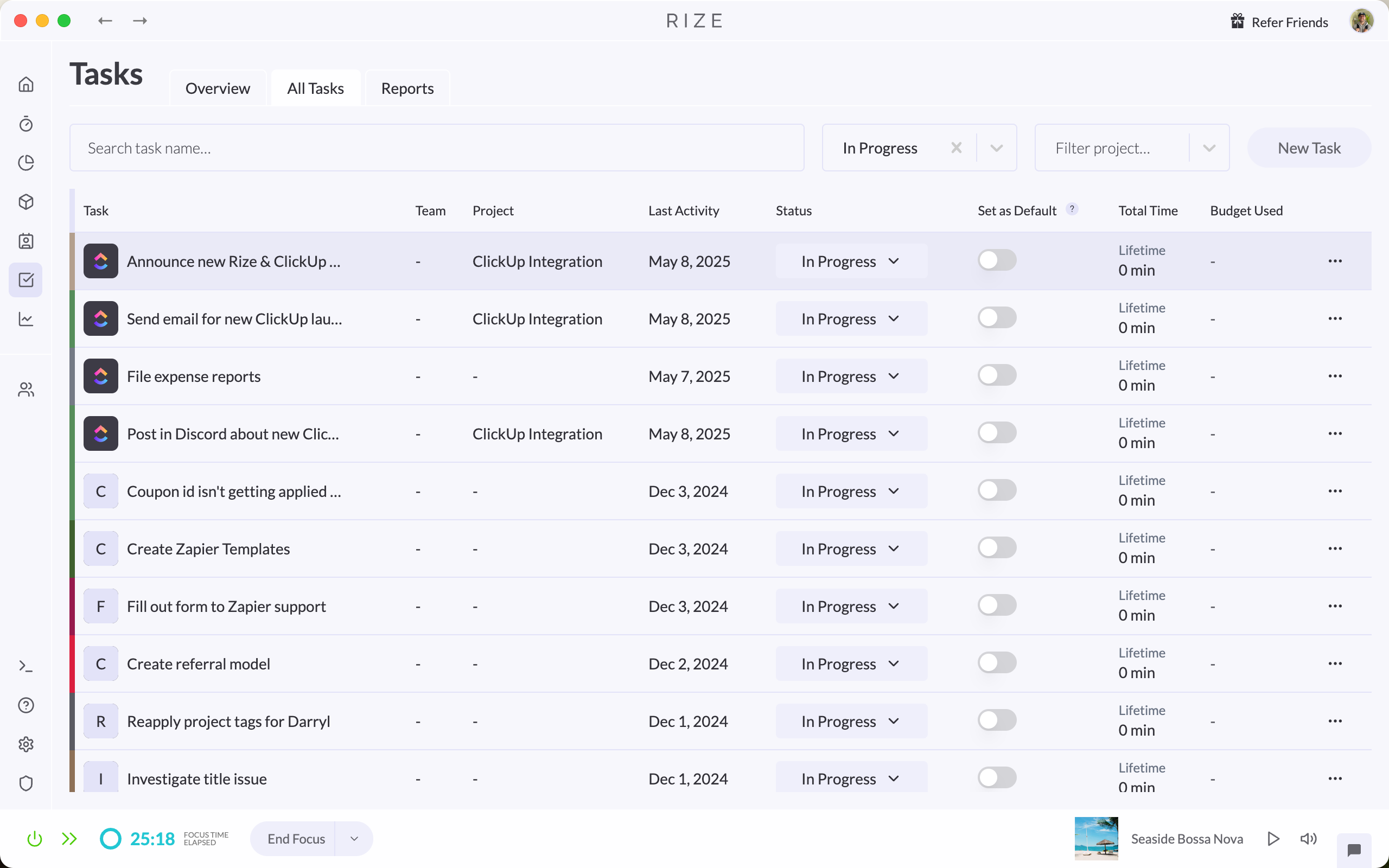 Captura de pantalla que muestra las tareas de ClickUp sincronizadas en Rize