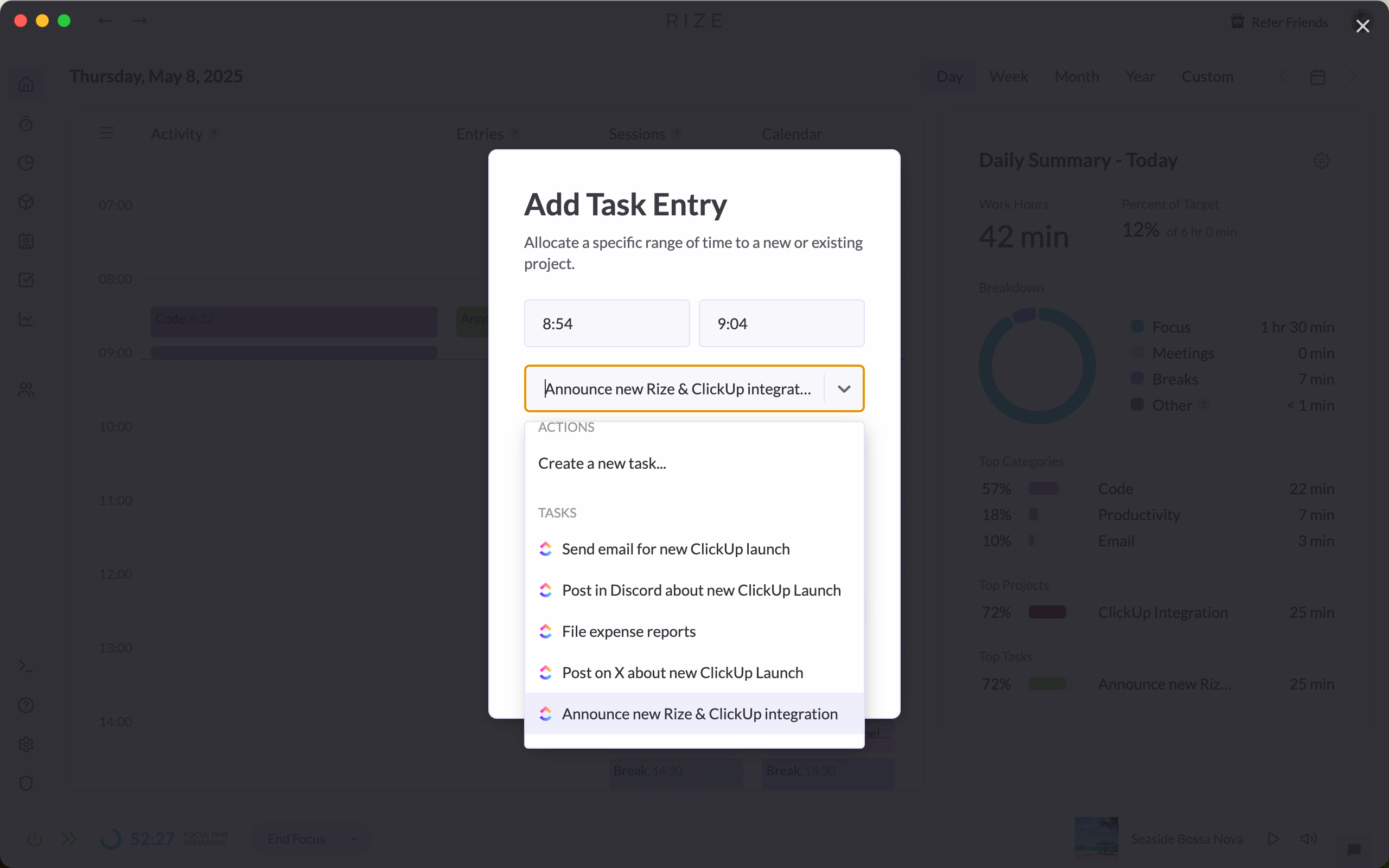 Captura de pantalla que muestra las tareas de ClickUp al agregar entradas