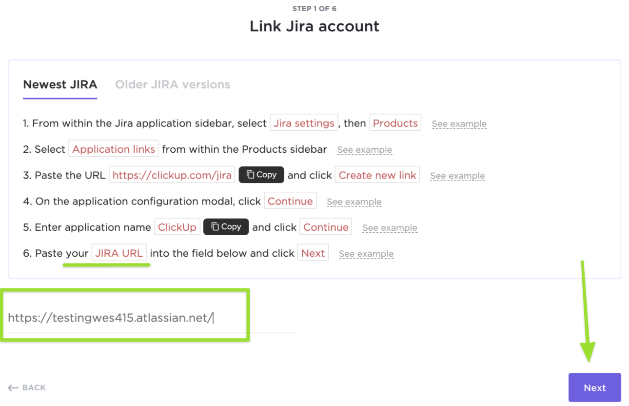 Captura de pantalla de la página para vincular la cuenta de Jira