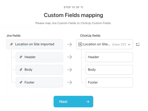 Capture d'écran du mapping des champs personnalisés