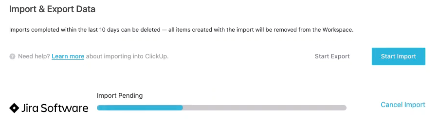 Capture d'écran de la page d'importation et d'exportation