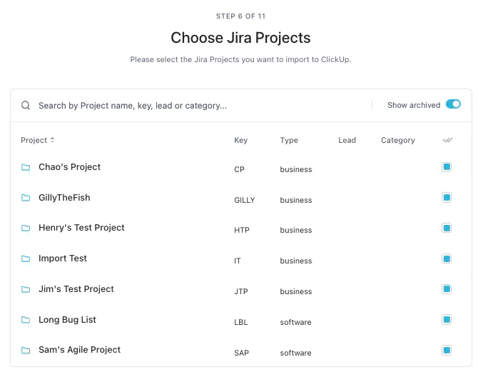 Screenshot della pagina di importazione dei Progetti Jira